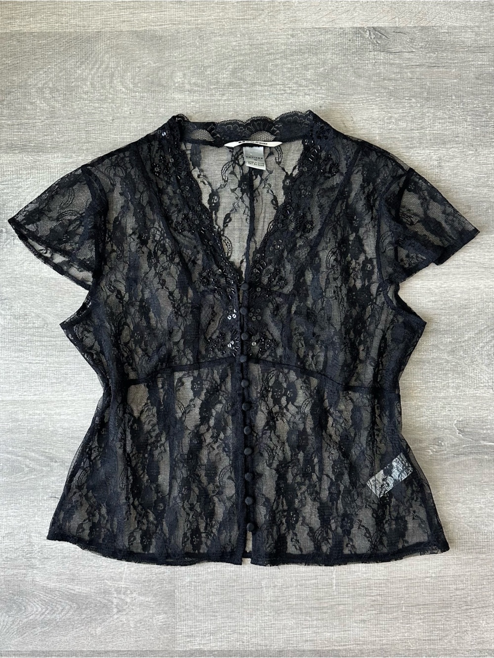 Nygard Sheer Black Lace Button-Front and beaded sheer Blouse whimsigoth - Picture 1 of 7